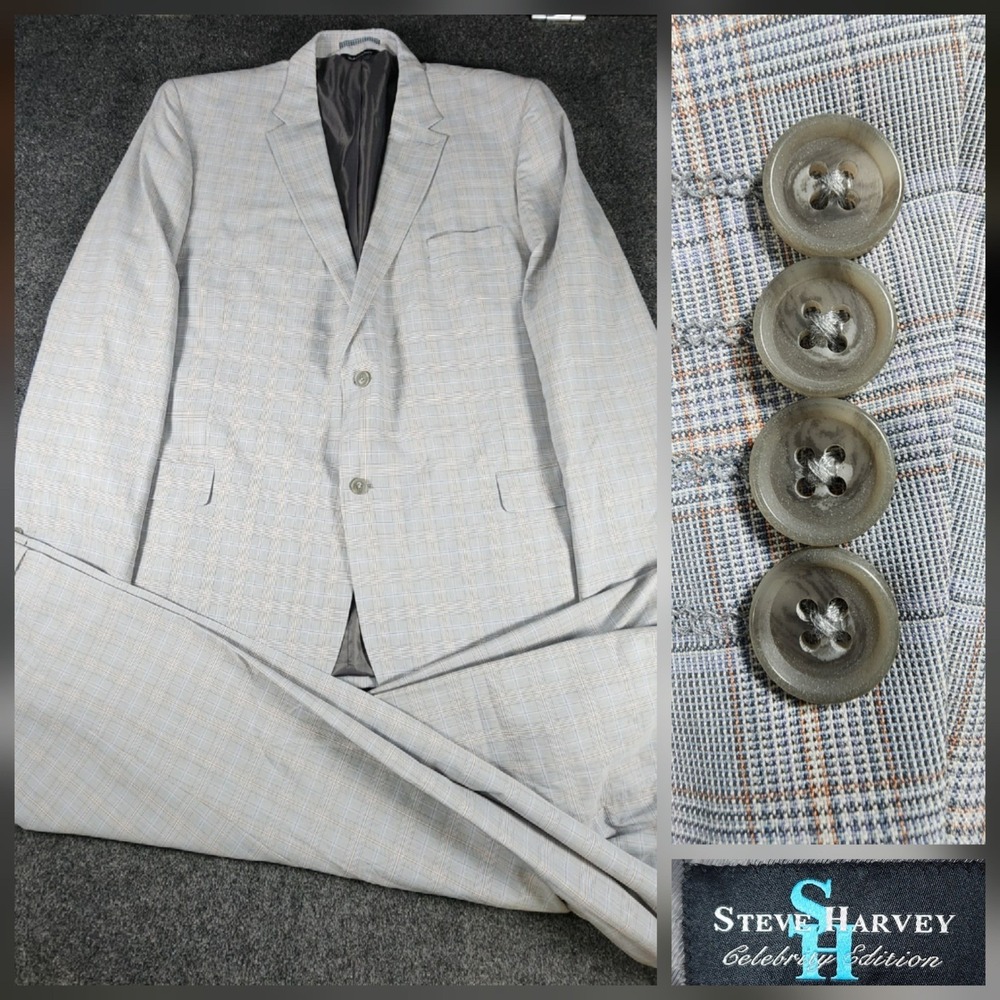 Steve Harvey Celebrity Edition Mens 2PC Suit 52XL Pnt.46x29 Light Blue Tan Plaid